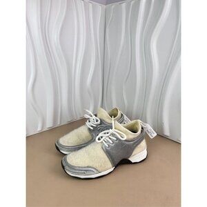 Chanel White & Gray Shearling Lace-Up Sneakers Womens Shoes